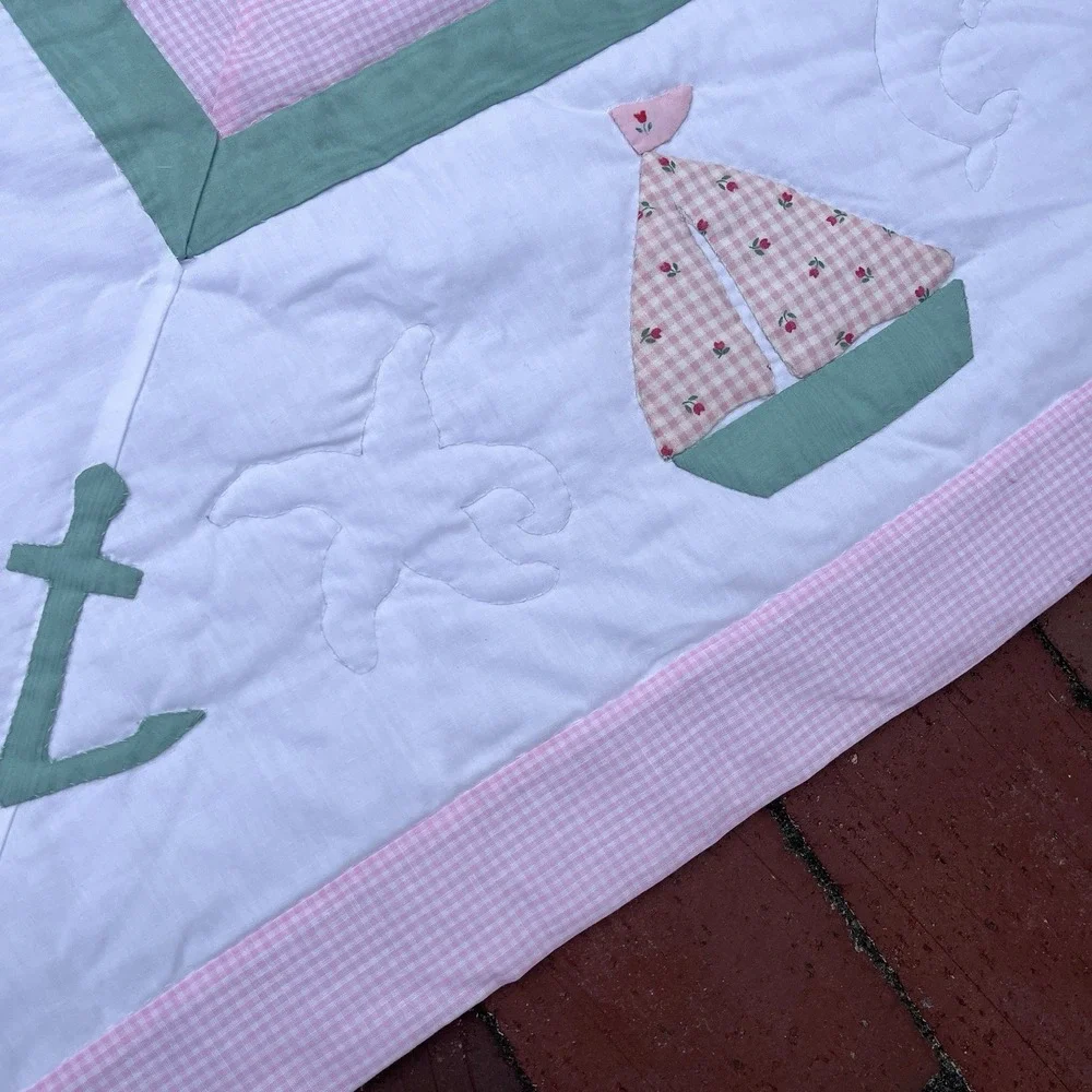 Handmade Sailboat Girls Crib Quilt, Green, White, Pink, One Of A Kind 42